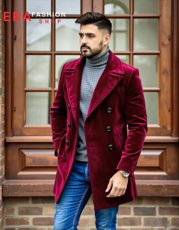 Men' Long Coat - Maroon Velvet Coat