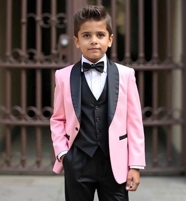 Kid's Boy's Clothing - Boy's Pink & Black Suit - 3 Pieces Suit - Toddler Elegant Suits - Gift For Boy's - Slim Fit Two Button Suits