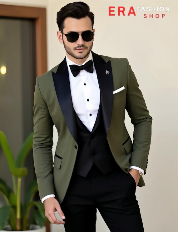 Men's Suit - Black & Olive Green Tuxedo 3 Piece Set - Wedding Groom Party Wear Dress