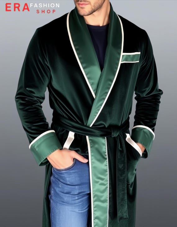 Casaco de veludo verde escuro Jaqueta longa com cinto masculina