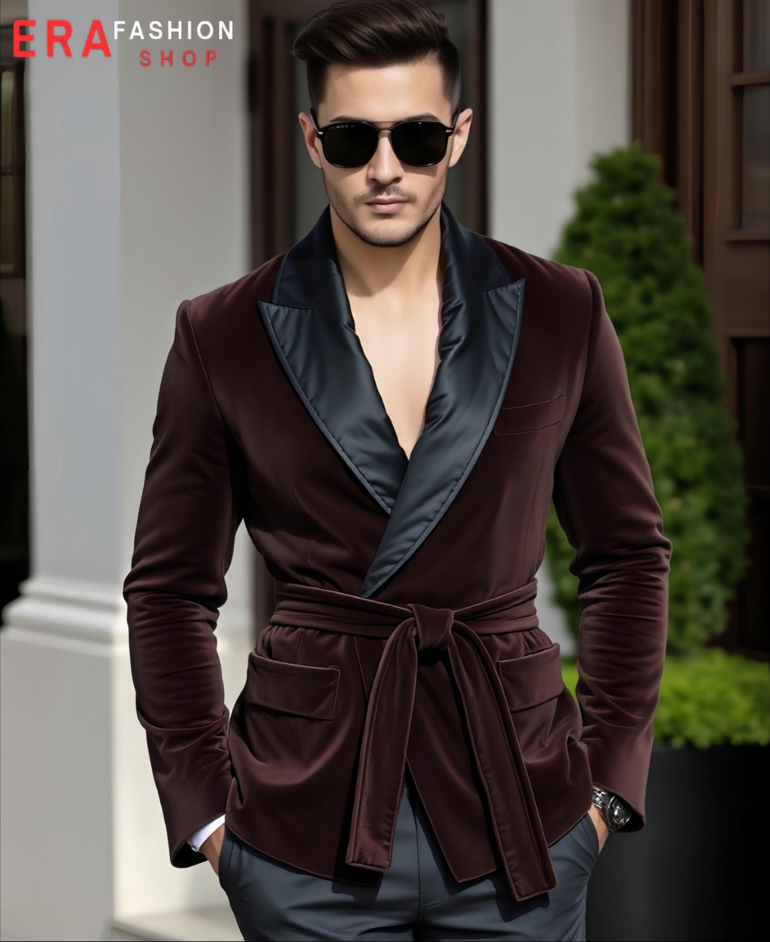 Men's Robe Jacket - Brown Velvet Belted Blazer Coat - Formal Wear - Etsy