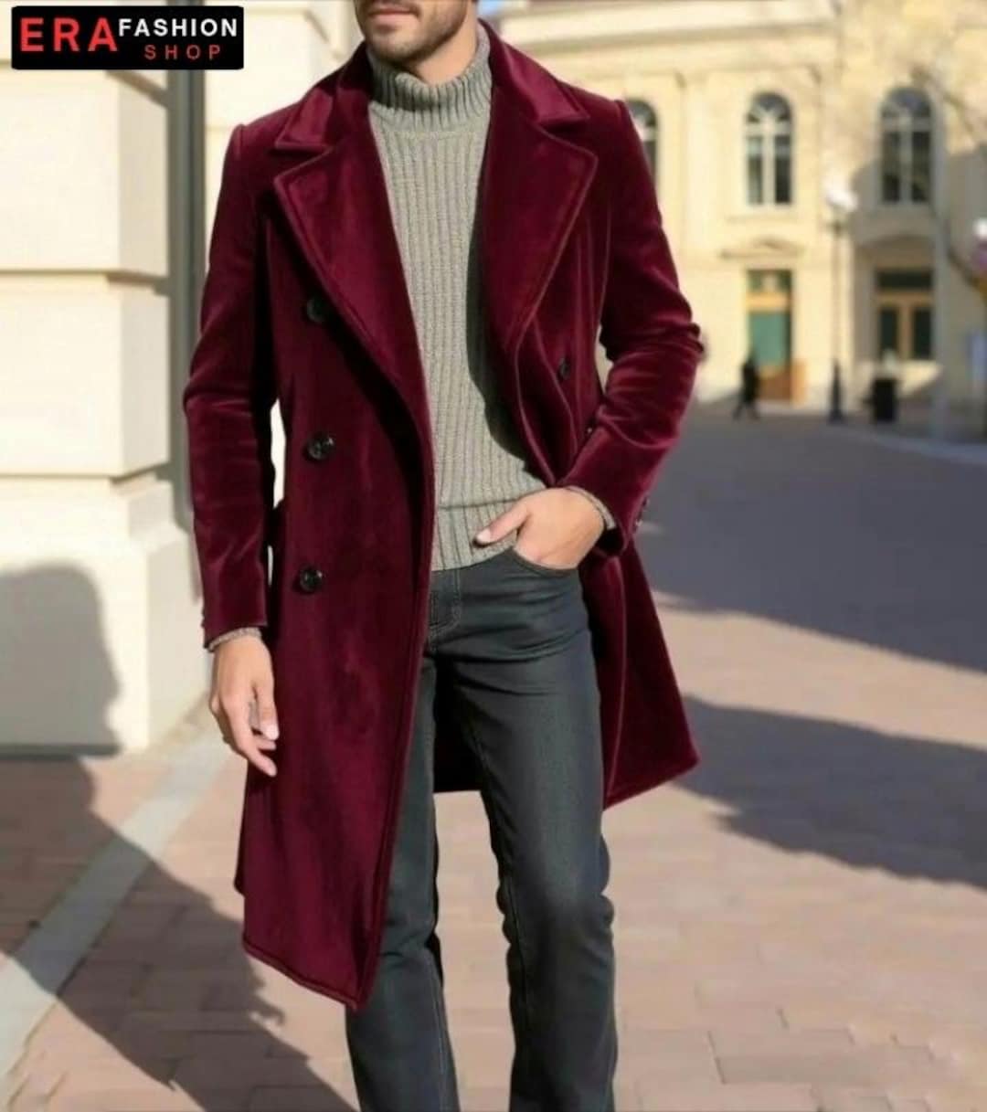 バーガンディベルベットのメンズトレンチコート：冬用ロングコート