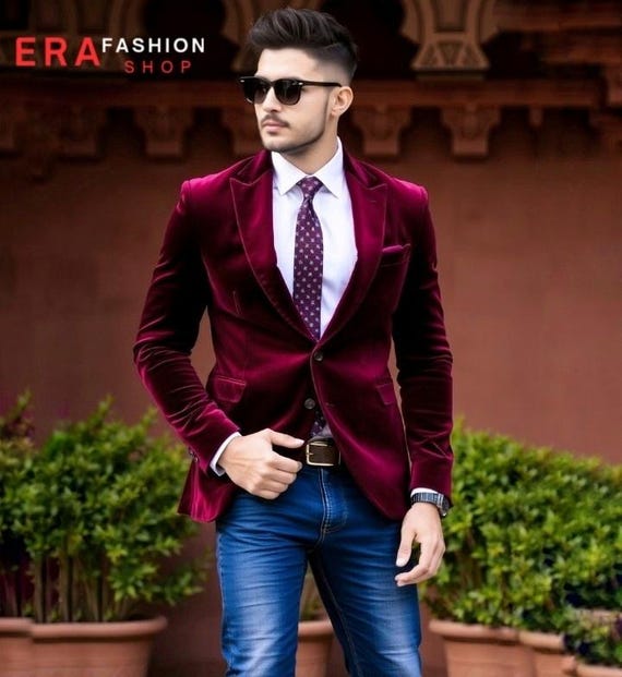 Xposed Men’s Maroon Velvet Tux Dinner Jacket – Vintage 3-Piece Suit Pieces Sold Separately – Peak Lapel, Faux Velvet