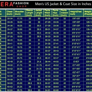 Puede incluir: Tabla de tallas de chaquetas y abrigos para hombre, que muestra medidas en pulgadas para pecho, hombro, manga, largo de chaqueta, cintura, cadera, entrepierna, altura y peso. La tabla incluye tallas de 34R a 64R.