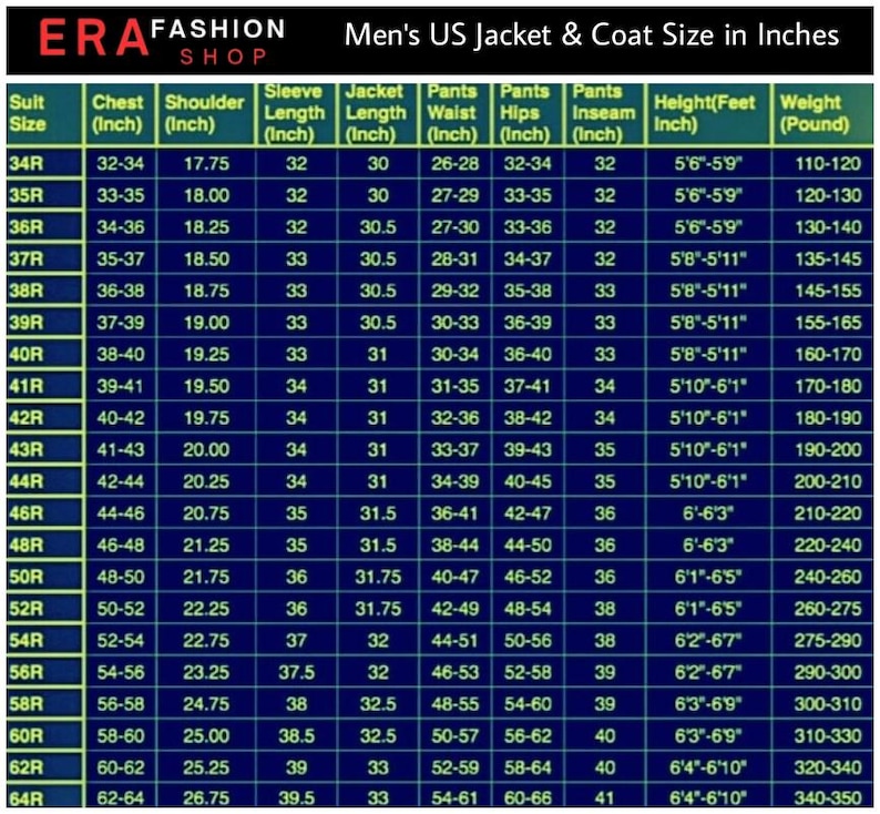 Puede incluir: Tabla de tallas de chaquetas y abrigos para hombre, que muestra medidas en pulgadas para pecho, hombro, manga, largo de chaqueta, cintura, cadera, entrepierna, altura y peso. La tabla incluye tallas de 34R a 64R.