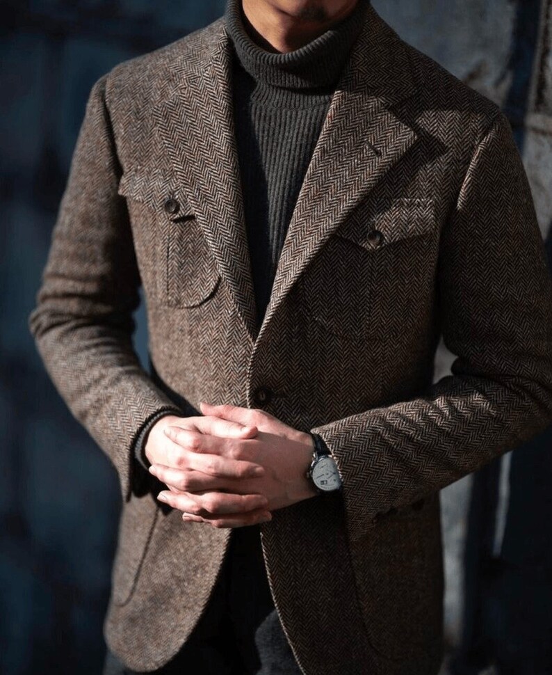 Men's Blazer Men Tweed Blazer Herringbone Tweed Blazer Men Brown Tweed