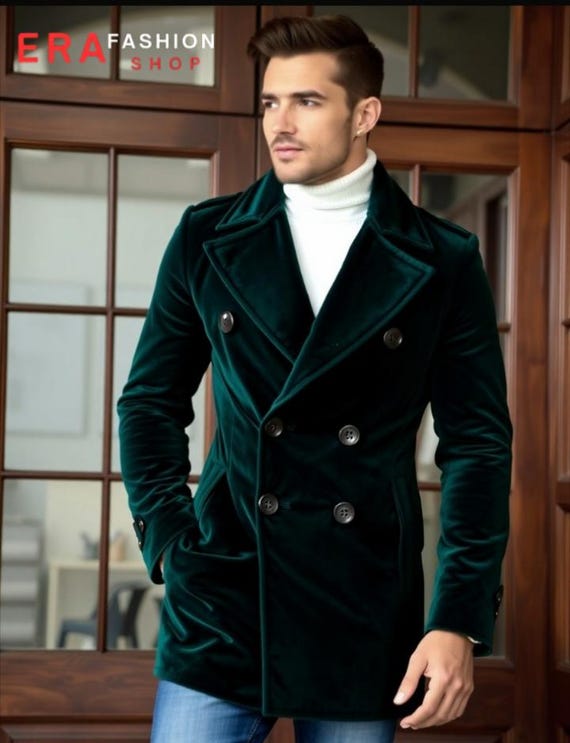 Green Velvet Double Breasted Trench Coat Formal Wear Long