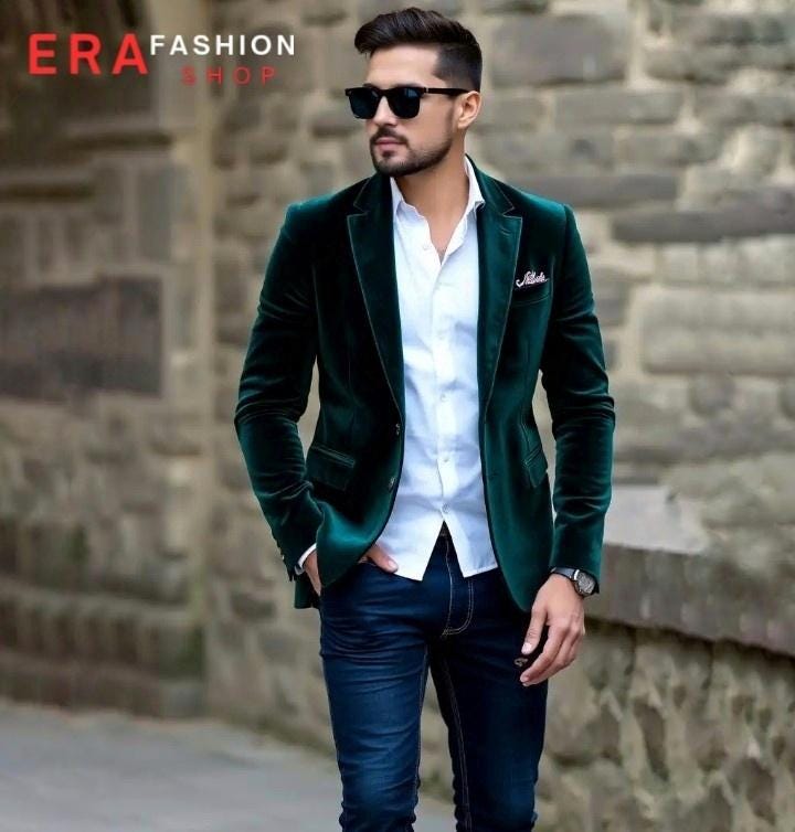 Men's Dark Green Velvet Blazer: Elegant Wedding Groomsmen Jacket