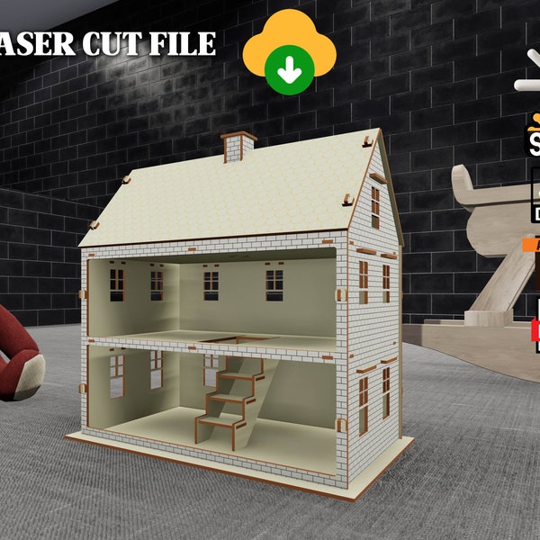 Maison de poupée en bois à motifs de brique, maison de poupée à deux étages SVG, maison de poupée SVG, cadeau pour les enfants, jouet en bois SVG, fichier numérique jouet, fichier Dxf 3mm