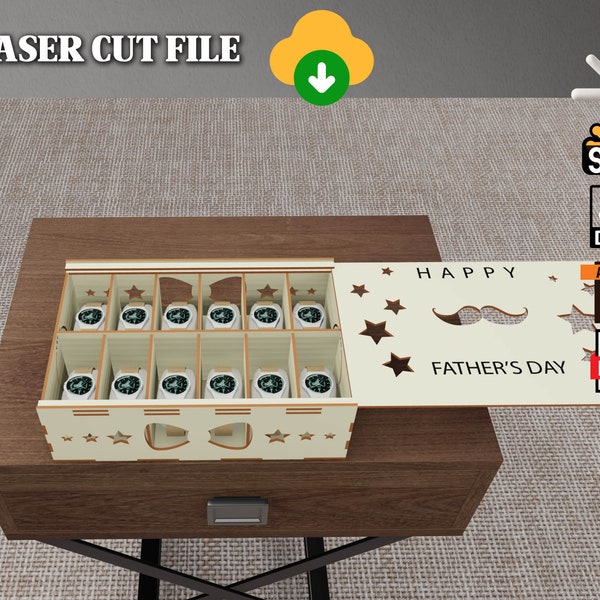 Watch Box For Men Special For Fathers Day, Wood Watch Box SVG, 12 Slots Wooden Watch Box,   Fathers Day Gift From Family, Laser File SVG