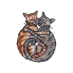 8x8 Giclee Embroidery Print - Cute Snuggling Cats - Orange and Grey Cat Friends with Heart Tails