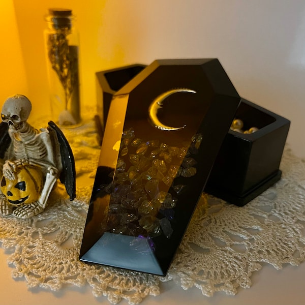 Black Crescent Moon Coffin - Casket Trinket Storage Box Iridescent | Beloved Ancestor | Dresser | Vanity | Stash Box | Jewelry Box