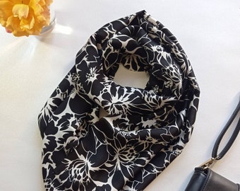 Chic eco-friendly "N & B" floral scarf in recycled black and white satin, available as a square/stole/pareo, Made in France, Gift for women