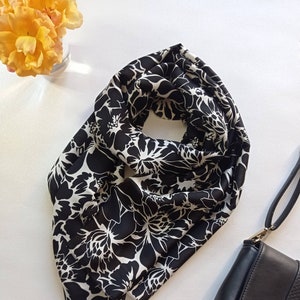 Chic eco-friendly "N & B" floral scarf in recycled black and white satin, available as a square/stole/pareo, Made in France, Gift for women