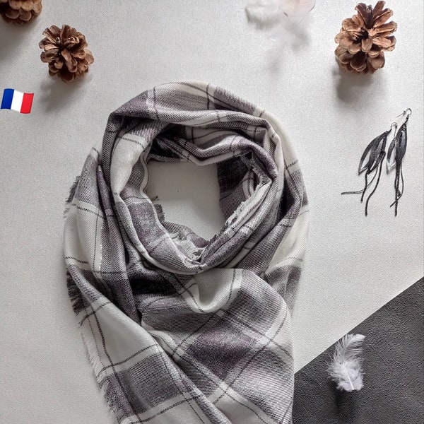 Comfort scarf with gray white silver checks | Made in France | light scarf, thick scarf, warm shawl, Chic and elegant women's gift