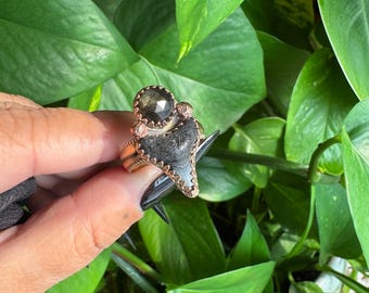 Gold sheen Obsidian & Shark Tooth Ring size 8.5-8.75