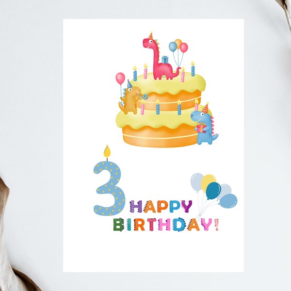 3rd Happy birthday card  instant download, 3rd Birthday card dinosaur printable