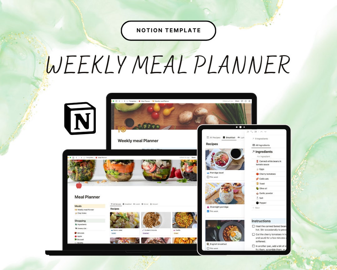 Meal Planner Notion Template Recipe Database Weekly Reset Automatic