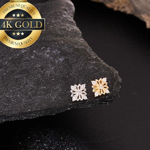 Reemplazo de tapa dérmica con flor de oro macizo de 14 quilates/Tapa dérmica con anclaje roscado interno/Tapa plana roscada/Tapa dérmica/Joyería para perforación dérmica