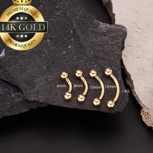 Piercing para ombligo de oro macizo de 14 quilates con bola redonda de 4 mm y rosca interna/Joyería para ombligo de 14 g/Barra curva/Perforación para ombligo/Anillo para ombligo/Barra pequeña para ombligo