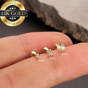 Aretes tipo perno para cartílago, labio, hélix, trago, caracola y parte trasera plana, de oro macizo de 14 quilates y 16 g con corte de diamante y rosca interna.