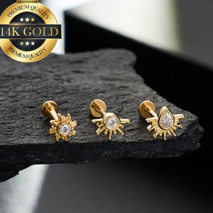 14K Solid Gold Sun Style Threadless Push Pin Labret Stud/Cartilage Earring/Nose Stud/Helix/Tragus/Conch Stud/Flat Back Earrings 20G/18G/16G