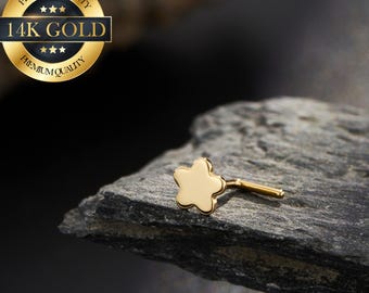 Piercing al naso a forma di fiore in oro massiccio 14K/Anello al naso piatto e floreale lucido/Piercing al naso/Gioielli per il naso/Piccolo piercing al naso/Gioielli per il naso minimalisti/Narice