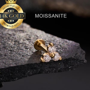 Moissanite 14K Gold Diamond Trinity Flower Cartilage Stud/Internal Threaded Labret/Nose/Tragus/Conch/Helix Piercing/Flat Back Earring/Gift