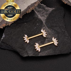 A Pair 14K Solid Gold Lotus Ends THREADLESS Push in Nipple Ring/14G Crown Nipple Piercing/Nipple Bar/Straight Nipple Barbell/Nipple Jewelry