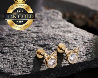 1 Pieces 14K Solid Gold Tiny Cat Cartilage Flat Back Labret Stud/Cathead Threadless stud earring/Cartilage/Helix/Conch/Tragus Cute Stud/Gift