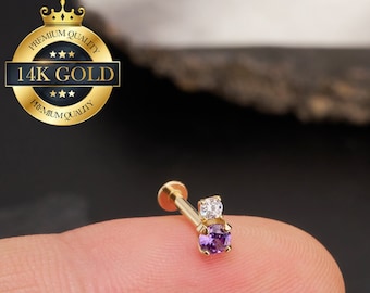 14K Solid Gold Tiny Lavender CZ Threadless Cartilage Earring/Push Pin Labret Stud/Nose/Tragus/Conch/Helix Flat Back Stud Earrings 16/18/20G