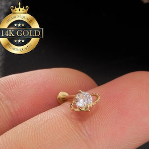 Piercing per labbro a forma di pianeta e luna in oro massiccio 14 carati, 20 g/18 g/16 g, senza filettatura, con parte posteriore piatta, per trago, elica, cartilagine, naso.