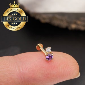 14K Solid Gold Tiny Lavender CZ Threadless Cartilage Earring/Push Pin Labret Stud/Nose/Tragus/Conch/Helix Flat Back Stud Earrings 16/18/20G