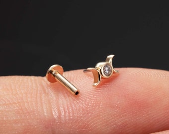 14K Solid Gold Moon Phase Threadless Stud Earring/Push Pin Labret Stud/Cartilage/Nose/Tragus/Conch/Helix Stud/Flat Back Earring/Gift for her