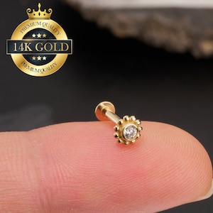 14K Solid Gold Tiny Flower Bead Cartilage Threadless Push Pin Labret Stud/Conch Piercing/Helix/tragus/Lobe/Nose studs/Flat back earring/Gift