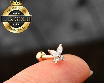 14K Solid Gold Butterfly Cartilage Stud Earring/Helix Stud/Conch Stud/Tragus Stud/Internally threaded Screw Back Ball/Danity Earrings/Gifts