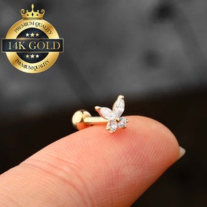 Clous d'oreille cartilage papillon en or massif 14 carats/clous hélicoïdal/clous conque/clous Tragus/boule filetée à l'arrière/boucles d'oreilles Danity/cadeaux