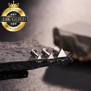 Pendiente triangular de oro blanco macizo de 14 quilates con pasador de presión sin rosca para cartílago, labio, caracola, hélix, trago, lóbulo de la oreja y parte trasera plana.