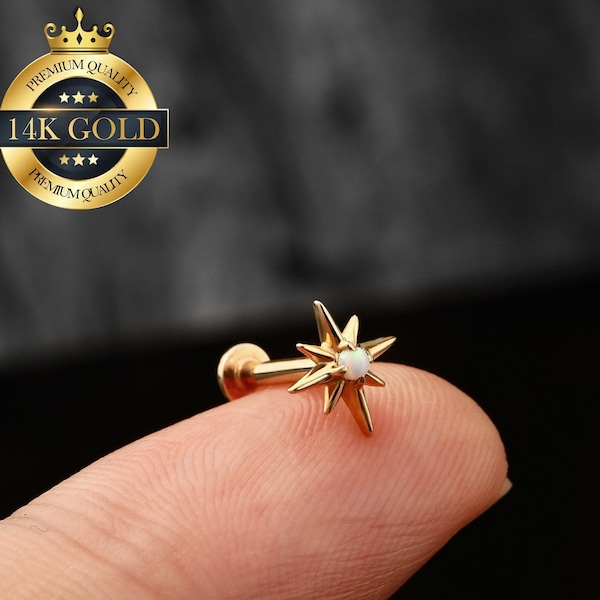 14k Solid Gold Tiny Hexagram Star Threadless Stud Earring/Sunburst Cartilage Earring/Conch/Helix/Tragus Stud Earring Push in Back/Flat back