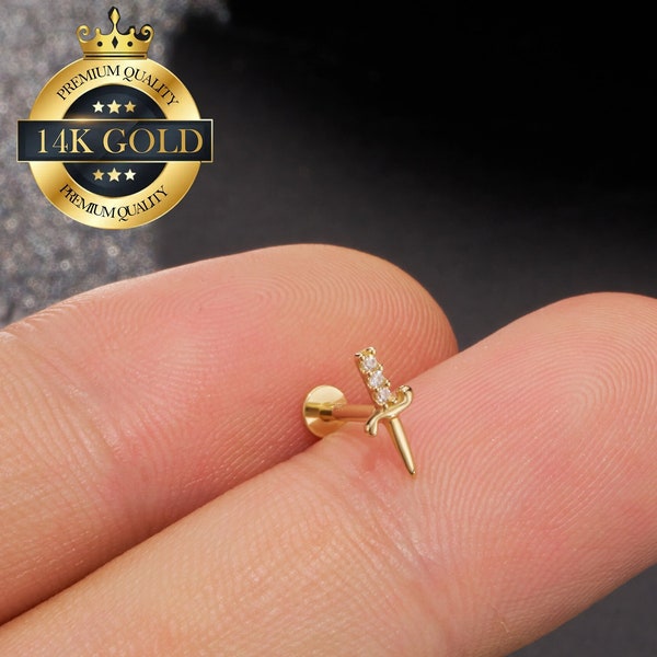 14k Solid Gold Tiny CZ Dagger Threadless Push Pin Labret Stud/Cartilage Earring/Conch/Helix/Tragus Stud Earring/Flat back Nose Stud/Gifts