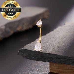 Piercing de umbigo em forma de lágrima de zircônia cúbica em ouro amarelo maciço 14K/rosca interna/piercing de umbigo 14G/barra curva/piercing de umbigo de 10 mm/joia de umbigo