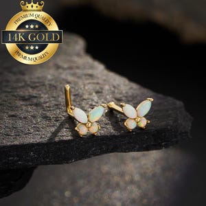 Näsörhänge i 14K 9K massivt guld/Näsring med opalfjäril/L-formade nässmycken/Näsben/Rak näspiercing/Nästorsmycken/Liten näsörhänge