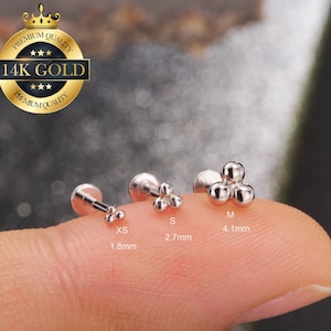 Orecchino a perno labret con perlina minuscola in oro bianco 14 carati, senza filettatura, per cartilagine, naso, elica, trago, conca, retro piatto, 20 g, 18 g e 16 g