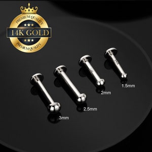 Piercing per labret a pressione in oro bianco 14 carati con estremità semisferiche SENZA FILETTATURA/Piercing per labret a pressione/Piccola perla piatta in oro/Piercing per naso/Trago/Cartilagine/Conca/Elica/Lobo dell'orecchio