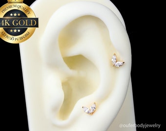 14K Gold Marquise Flower stud Earrings/Tiny Petal Threadless Push Pin Labret Stud/Cartilage Studs/tragus/Nose/Conch/Helix Flat Back Studs