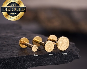 14K Solid Gold Hammered Disc Push Pin Labret Stud/Threadless Flat Back Earring/Tragus/Helix/Conch Stud/Cartilage Stud/Nose Stud/Monroe Stud