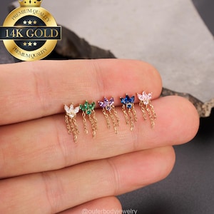 14K Gold Lotus Chain Threadless Cartilage Stud/Emerald/Sapphire CZ Flat Back Stud/Push Pin Labret/Helix/Conch/Tragus/Earlobe/Nose Piercing