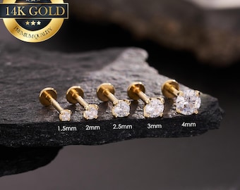 14K Solid Gold Clear Prong CZ THREADLESS Push Pin Labret Piercing/Tiny Gold Flat Back Stud/Nose/Tragus/Cartilage/Conch/Helix/Earlobe Earring