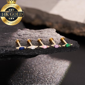 16G 18G 20G 14K Gold Tiny Colorful Gem Threadless Cartilage Stud/Flat Back Earrings/Push Pin Labret/Helix/Conch/Tragus/Earlobe/Nose Piercing