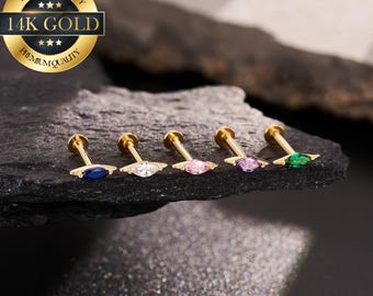 16G 18G 20G 14K Gold Tiny Colorful Gem Threadless Cartilage Stud/Flat Back Earrings/Push Pin Labret/Helix/Conch/Tragus/Earlobe/Nose Piercing